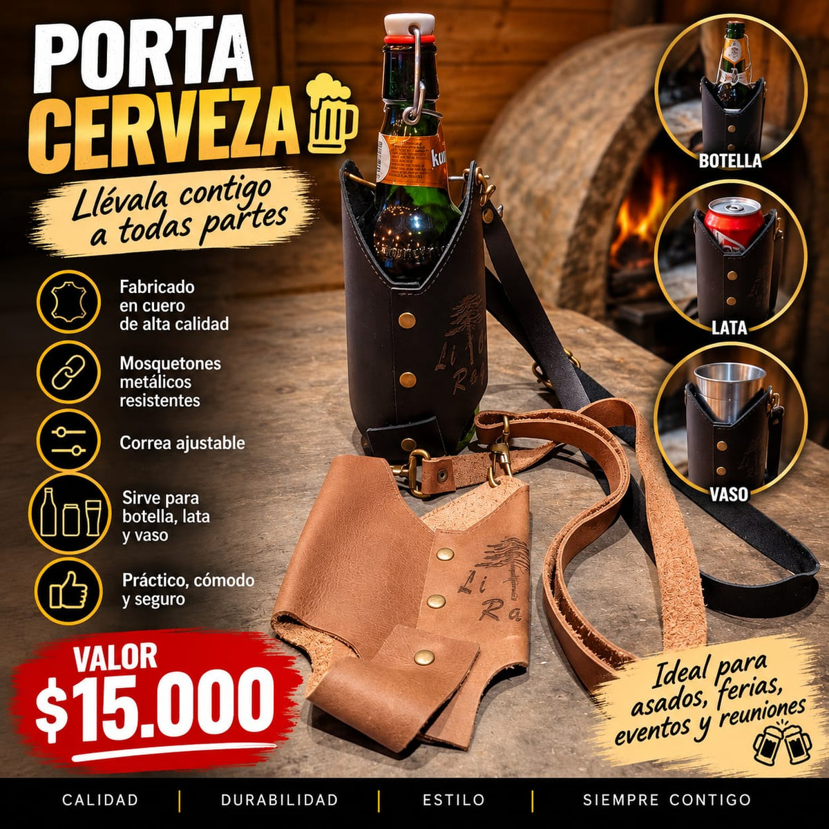 Porta cerveza cuero nacional